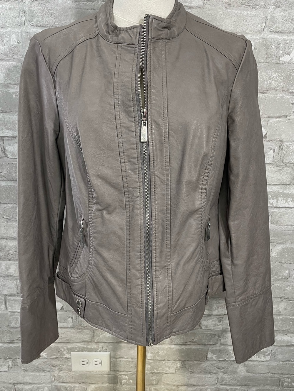 Jou Jou Taupe Gray Faux Leather Zip-Up Jacket